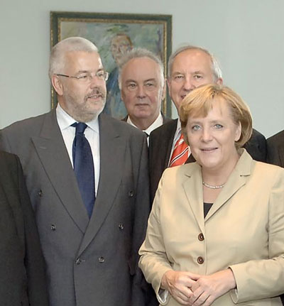 Volker Schimpff mit Angela Merkel, Ingo Friedrich und Siegbert Alber im Bundeskanzleramt